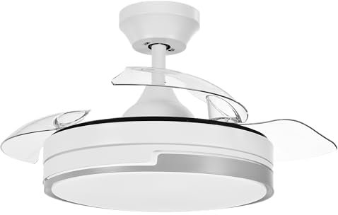 Abrila - Ventilador DC OLIMPIA | Color Blanco/Gris con tres Aspas Desplegables | con 6 Velocidades Ajustables | con 3 Temperaturas de Luz | Mando a Distancia Incluido