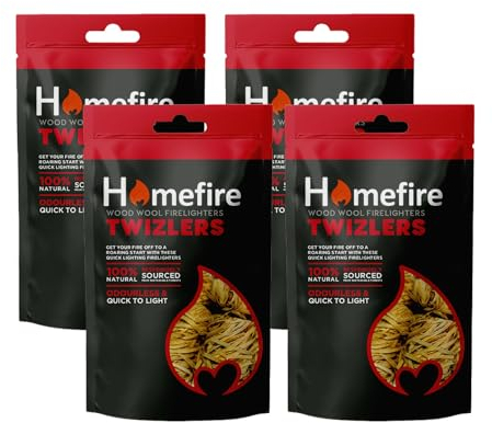 Homefire Natural Odourless Wood Wool Firelighters for Wood Burners, Open Fires, Multi-fuel Stoves and Pizza Ovens (4 Packs)