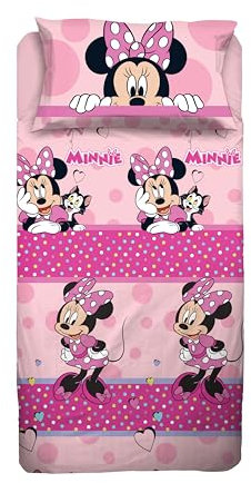 Minnie Mouse, Bettwäsche-Set für französisches Bett, Disney, Bettlaken, Spannbettlaken, Kissenbezug, Rosa, Disney, 100% Baumwolle, offizielles Produkt