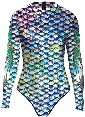 Ocean Plus Damen Hoher Kragen Digitaldruck Rückseitenreißverschluss Highcut Langarm Einteiliger Badeanzug (L/XL (Länge: 74 cm), Meerjungfrau)