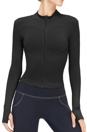 Memoryee Gym Top Women Long Sleeve T Shirts Running Yoga Workout Sports Activewear Clothes Crop Tops Ladies Zip Up Slim Fit Jacket with Thumb Holes B-Black1 L