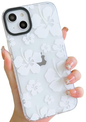 ECZOIL Compatible for iPhone 14 Plus/15 Plus Case, Cute Clear Hibiscus Flower Floral Aesthetic Cover Slim Soft TPU Shockproof Anti-Yellow Protective Phone Case for Women Girl - White