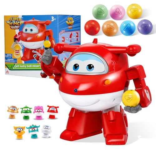 Super Wings Lucky Ball Spielzeug Jett, 20,5 cm, 7 Lucky Ball 2-in-1-Transformator-Spielzeug, mit 3 Sets von DIY-Aufklebern, Spielzeug-Flugzeuge und -Roboter für Kinder Jungen und Mädchen ab 3 Jahren
