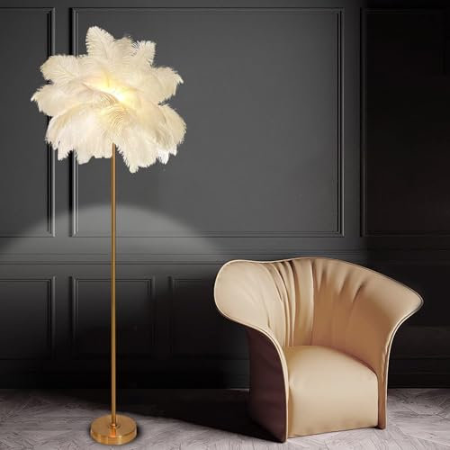 GUODDM Ostrich Feather Lamp, LED Feather Standing Floor Lamp, White Feather Palm Tree Floor Lamp for Living Room