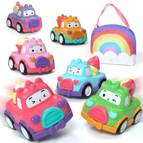 Lehoo Castle Pull Back Toy Cars, 6 Mini Dessert Cars for Toddlers Age 1+ | No Batteries Required, Rainbow Storage Bag, Smooth Edges, Colour Learning, Fine Motor Skills, Birthday Gift
