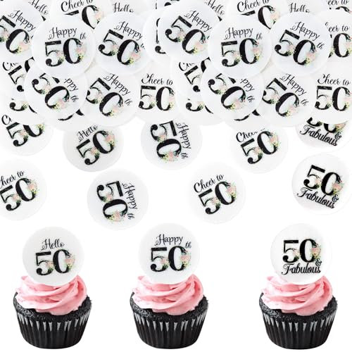 Blumomon 40 Stück Essbare 50th Happy Birthday Cupcake Toppers Cheers to 50 Fabelhafte Kuchendekoration 50 Geburtstag Party Dekoration Essbare Tortendekoration zum 50 Geburtstag