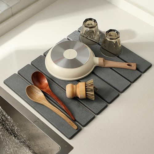 Volminex Large Stone Dish Drying Mats for Kitchen Counter, Quick Dry Collapsible Eco-Friendly Diatomaceous Earth Absorbent Dish Pad, for Dishes Bottles Cups, Fit Any Countertop (Dark Gray, 12×16)