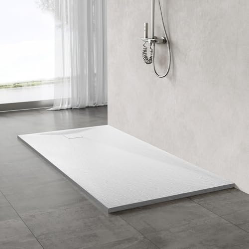 AQUARA Shower Trays, Slate Effect SMC Slip-Resistance Shower Base with Waste & Resin Cover. 1400 x 700mm Stylish and Durable White Trays for Wet Room