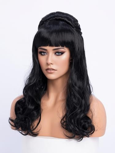 SIMKAYLE Bienenstock Perücke Damen Locken Perücke Schwarz Hochsteckfrisur Vintage Perücken Lange Schwarze Haare mit Pony Passt für 80er 60er 50er Jahre Halloween Fasching Vampir Kostüm Cosplay (60cm)