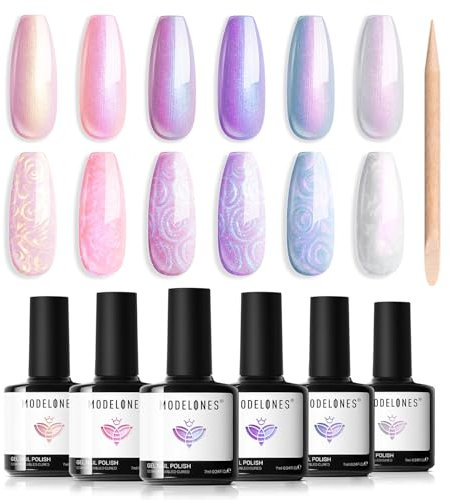 Modelones UV Nagellack 6 Farben Gellack UV Rosa Hellrosa Hellviolett Lila Blau Weiß Perle Effect Gel Nagellack mit Stick den Kreis zeichnen für Sommer Set