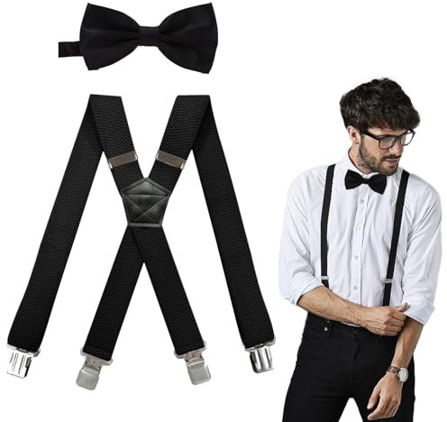 Orizizhic Hosenträger Für Herren,Hosenträger Herren Breit 3.5cm Mit Fliege Schwarz Clips Extra Stark X Form Ärmelhalter Elastisch Und Längenverstellbar 4 Metallklammern Männer Und Frauen