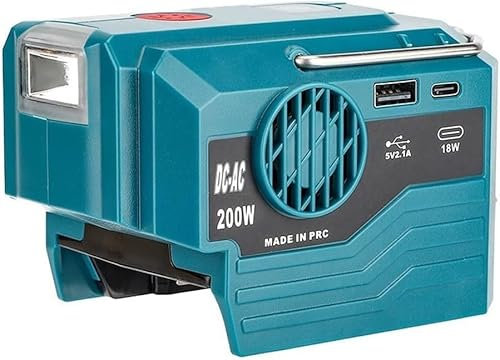 200W Akku Wechselrichter Kompatibel mit Makita 18V Akku, DC 18V auf AC 220V~230V Spannungswandler, Akku Steckdosen Inverte mit USB Type-C, 280LM LED Lampe Steckdosen Power Inverter für Camping