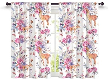 Highdi 2 Stück Kurzgardine Modern Wohnzimmer Küchen, 3D-Druck Kurzer Vorhang Fenster Durchscheinend Fenstergardinen, Bistrogardine Stab Tasche Halbe Fenster Behandlung (Elch,W80xL150cm)