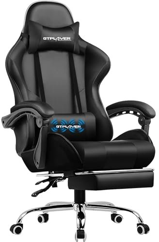 GTPLAYER Bürostuhl Gaming Stuhl Massage Gaming Sessel Ergonomischer Gamer Stuhl mit Fußstütze, Kopfstütze Massage-Lendenkissen, Gepolstert Game Chair, Drehsessel schwarz