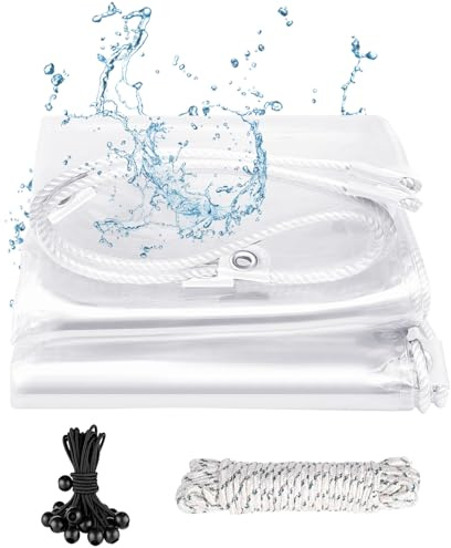SHANNA Transparent Tarpaulin Heavy Duty Tarp, 420 g/m² 1mx1.5m PVC Clear Waterproof Tarpaulin with Reinforced Grommets, Elastic Ropes, MultiPurpose Tarp Sheet Cover Outdoor Use for Garden Furniture