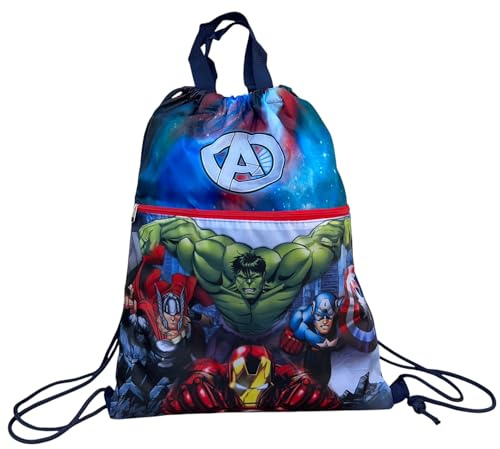Turnbeutel mit Fronttasche Rucksack mit Kordelzugverschluss Kindertasche 44 x 34 cm Schule Gym Freizeit, Avengers, Einheitsgröße