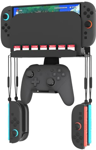 Wandhalterung für Nintendo Switch 2, Switch/Switch OLED/Switch Dock Halterung Zubehör mit 7 Spielkartenfächern, 4 Joy-Cons Haken und Pro Controller Haken, Sichere Metall Ständer Wärmeableitung
