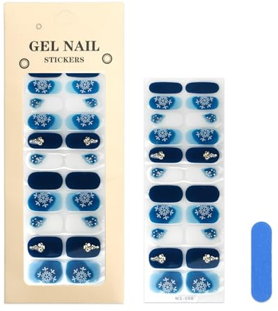 Ongles Gel Autocollant, 22pcs Vernis Autocollant Adhesif Ongle en Gel Semi Durci Manucure Nail Stickers Auto-Adhésifs, Femmes Nail Art Pas de Lampe UV Requise Qualité Salon Bleu Hiver Flocons