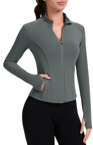 IECCP Womens Sport Jackets Running Top Long Sleeve Gym Shirts Workout Fitess Activewear T-Shirt Lightweight Breathable Yoga Tops with Thumb Hole and Zip Side Pocket Grey S
