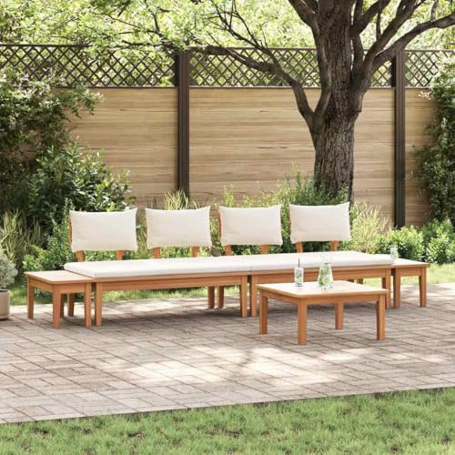 QJBSAVVA Gartenmöbel Set 2er Bänke 2 Tische Teakholz Polyrattan Braun Creme 60 x 60 x 30 cm Modernes Design Robust und Langlebig für Balkon Terrasse Garten
