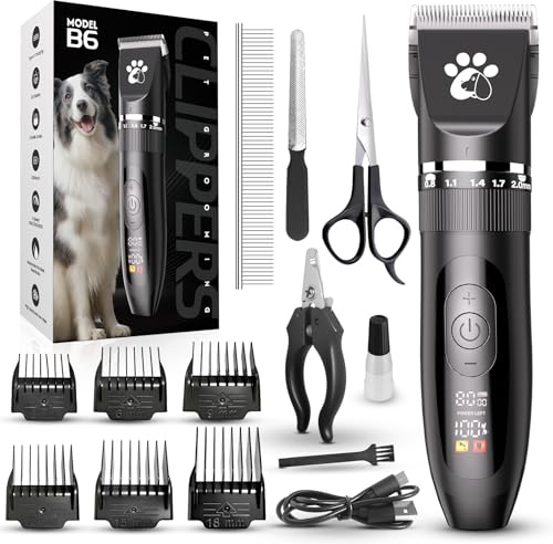 Hundeschermaschine für die Fellpflege, 3 Geschwindigkeiten, geräuscharm, schnurlos, Haustierpflegesets mit Keramikklingen und LED-Display für Hunde und Katzen, Vollhaar