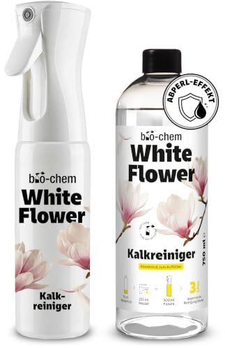 bio-chem Kalkreiniger starkes Konzentrat Starter Set – White Flower | Gegen Wasserflecken & Kalk | Lotus-Effekt | Bis zu 3L Reinigungslösung | für schwarze Amaturen, Duschkabinen, Badewanne usw.