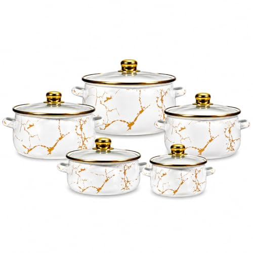 KlönBerg Set mit 5 Töpfen mit Deckel 16/18 / 20/22 / 24 cm emaillierte Töpfe, Emaillierter Kochtopf Geeignet für alle Herdarten, Induktion KB9107