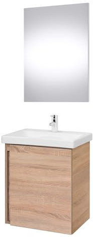 Planetmöbel Waschtisch mit Unterschrank 50 cm inkl. Badspiegel mit Beleuchtung oval, Badmöbel Set mit Waschbecken, hängend, Sonoma Eiche