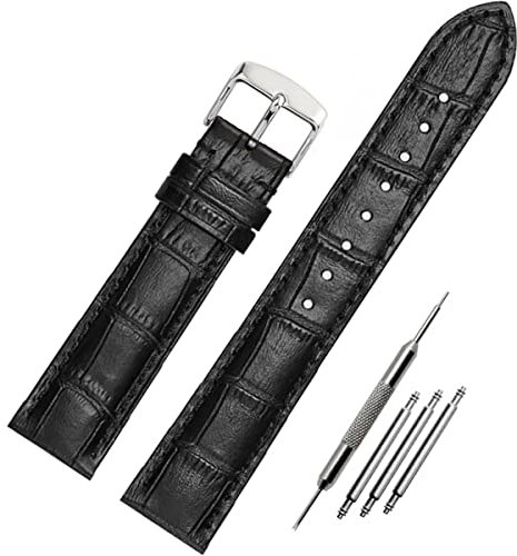 FOUUA Uhrenarmbänder Band Echtes Leder Armband Alligator Geprägte Ersatzarmbänder Armband,Schwarzes Silber,18mm