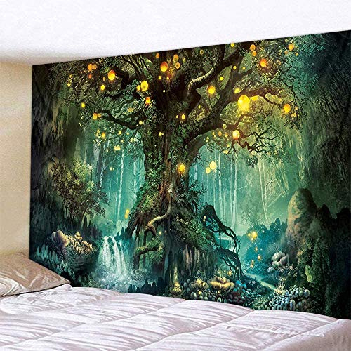 Lsimeru Fantasy Forest Wandteppich Baum Des Lebens 150x130 Grün Wandbehang Wald Psychedelic Nacht Weed Dschungel Wandtücher Wantuch Tapestry Wandkunst Schlafzimmer Deko