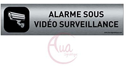 AUA SIGNALETIQUE - Plaque Aluminium brossé imprimé AluSign DARK - 200x50 mm - Double Face adhésif au dos (Alarme sous vidéo)