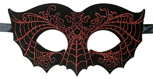 Fledermaus Augenmaske - Schwarz mit rotem Glitzer Spinnennetz - Geheimnisvolles Zubehör zu Ihrem Kostüm für Mottoparty, Halloween oder Fasching