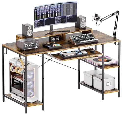 HYPIGO Computer Desk with Keyboard Tray, 55 Inch Music Studio Desk Music Production Desk with Storage Shelves Monitor Stands and 4 Iron Hooks, Workstation Gaming Table for Home Office