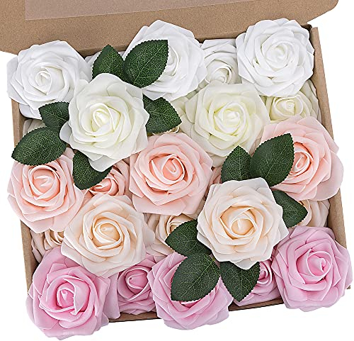 N&T NIETING Fiori Artificiali, Rosa Artificiali 25 Pezzi Schiuma Teste di Rose Finte Aspetto Reale con Foglia e Gambo Regolabile per DIY Matrimoni Mazzi Nuziale Festa Casa Stanza Decorazioni ()