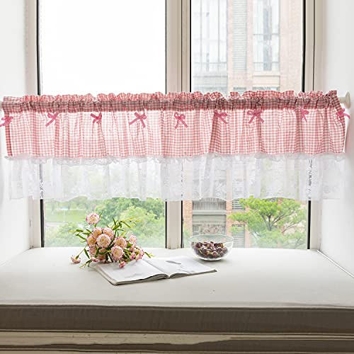 Lsimeru Bistrogardine Landhausstil Vintage Kariert Rosa Scheibengardine Küche Kurzstore Gardinen Küchengardinen Sheer Kurzvorhang Fenstervorhang Kurz 1 Stücke,150x45