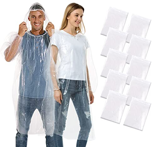 Xrkuu Lot de 10 ponchos de pluie jetables transparents pour adultes, imperméables et portables avec cordon de serrage et poignets élastiques pour camping, randonnée, pêche, transparent, taille unique