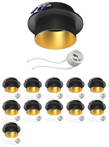 ledscom.de 12 Stück Deckeneinbaurahmen KRON, rund, schwarz/gold matt (GU10/MR16/GU5,3/50mm) inkl. GU10 Fassung