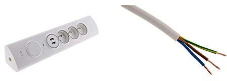 Otio - Multiprise d'angle 3P 16A + 1P 16A latérale + 2 USB parafoudre à câbler & Zenitech Câble d'alimentation électrique HO5VV F 3G1,5 Blanc 5m