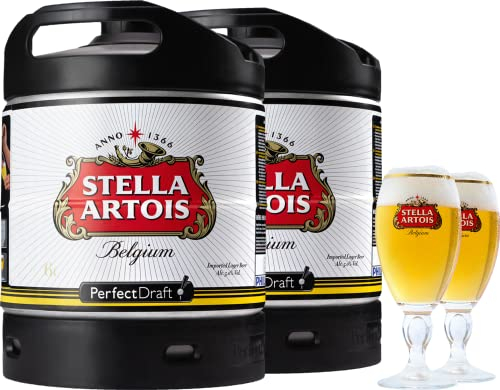 Fusti di Birra PerfectDraft 6L - 2 Fusti per Spillatore PerfectDraft + 2 Bicchieri - Deposito di 10 euro incluso (Stella Artois + 2 Bicchieri)