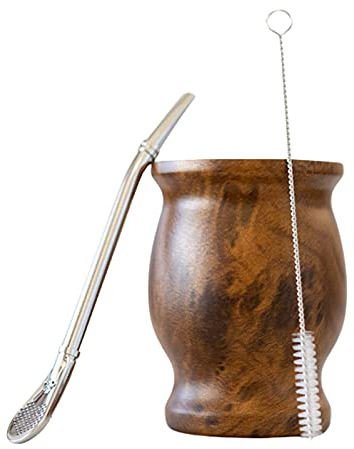 KH HAIKE Yerba Mate Cup, Natural Gourd Stainless Steel Cup Set with Drinking Filter and a Cleaning Brush, BPA-Free Lid, 8oz/240ml Double Wall Yerba Mate Gourd Set