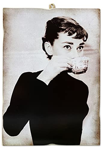 KUSTOM ART CUCUBA Bild im Vintage-Stil Audrey Hepburn, der Kaffee trinkt, Druck auf Holz, 18 x 25 cm.