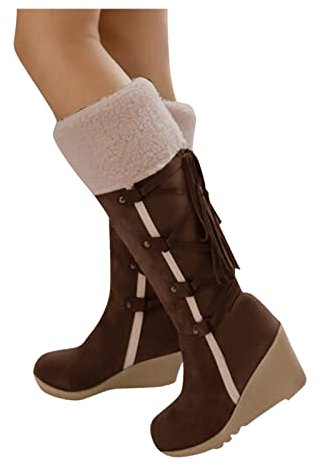 BIISDOST Stivali invernali da donna, a gambo lungo, con zeppa, stivali da neve sopra il ginocchio, invernali, caldi, in cotone, antiscivolo, in pelle scamosciata, marrone, 37 EU