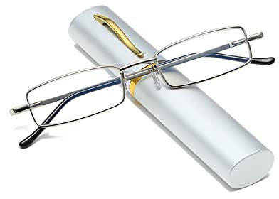 Hubeye Slim Pen Reading Glasses Tube Reader Glasses Men Women Anti Blue Light Small Reader Spring Hinged Eyeglasses with Portable Clip Case 1.50