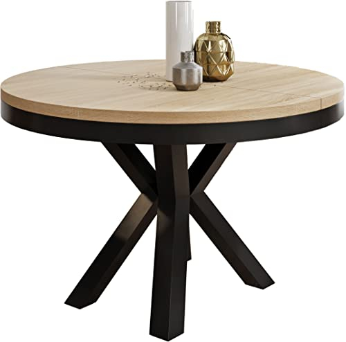 WFL GROUP Runder Ausziehbarer Esstisch im Loft-Stil - Industrieller Tisch mit Schwarzen Metallbeinen - Platzsparender Tisch für Wohnzimmer - Sonoma Eiche - 100 bis 180 cm