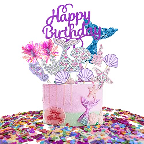 JSTC Meerjungfrau Tortendeko, Meerjungfrau Kuchen Deko, Meerjungfrau Geburtstag Torte Deko Happy Birthday Cake Topper Kuchendeko für Mädchen Kindergeburtstag Geburtstagstorte Ocean Theme Party.