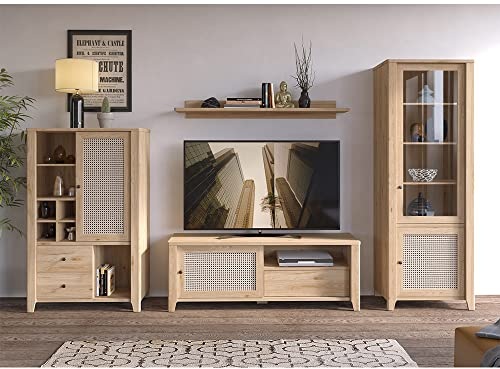 Lomadox Wohnwand Anbauwand Mediawand in Eiche Nb. mit Wiener Geflecht Nb., B/H/T: ca. 350/206/42 cm
