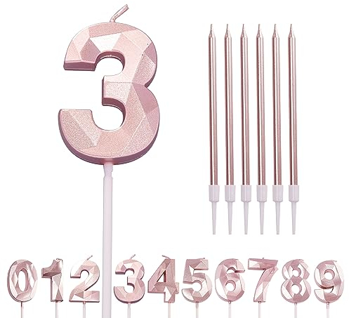 HONGCI Number Candle Rose Gold 3 Candle 3rd Birthday Candles for Cake, Pink Gold Happy Birthday Candles 3rd Birthday Cake Candles Cake Topper for Girls Birthday Wedding Anniversary Cake Decorations