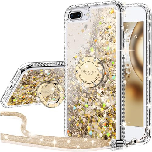Miss Arts [Silverback] Moving Liquid Holographic Sparkle Glitter Case for iPhone 7/8 Plus - Gold With Stand, Bling Diamond Ring, Shockproof Protection