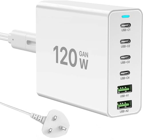 USB C Charger, 120W USB C Charging Station, 6-Port USB Hub Charger, Portable Multiport USB Power Adapter for Samsung Galaxy S24/S23/S22 Note/Air, iPad, iPhone 16/15/14/13/12/Mini/Pro/Pro Max