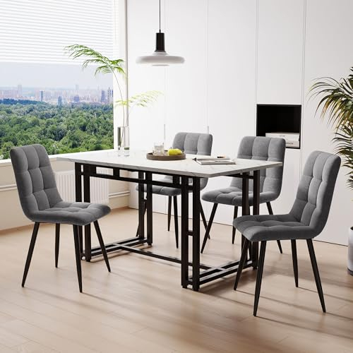 Juego de mesa de comedor con 4 sillas, juego de comedor, cocina moderna, 120 x 70 cm, juego de mesa de comedor de lino gris oscuro, mesa de hierro negro para comedor, cocina, salón (gris)